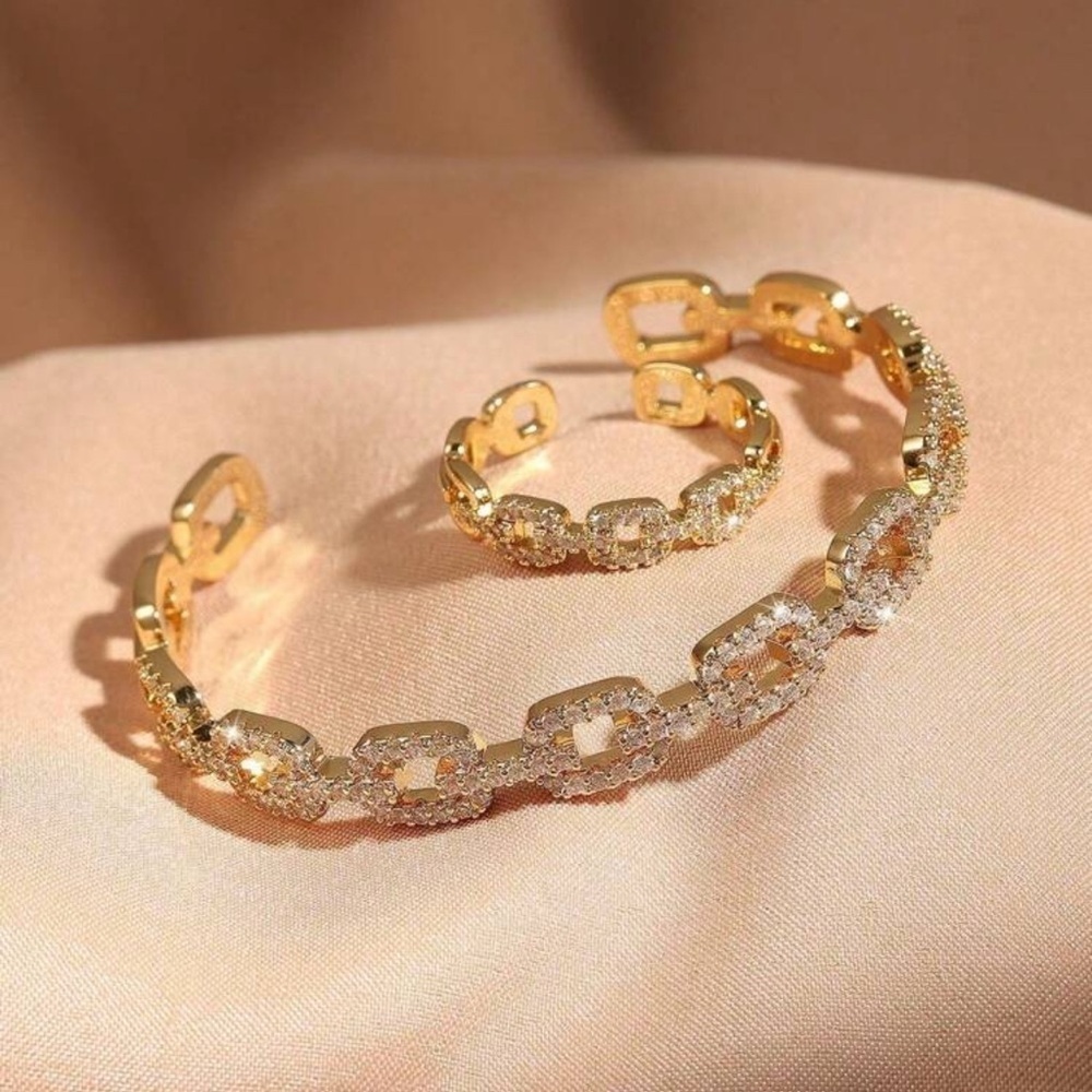 18K Gold Plated Cubic Zirconia Link Bracelet & Ring Set – Adjustable